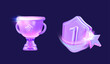 © Kari_designer - 3D vector trophy cup and first place medal icon set. Concept of victory, gamification rewards, business achievement and sports leadership. Isolated on dark background.