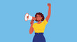 © Abhinaya Project - Woman shouting through megaphone with raised fist in protest or activism.