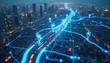 © Viktor - Cityscape with glowing blue network lines connect buildings and roads. Digital map shows transport routes with location pins. Futuristic urban system visualization in dark.