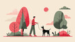 © talkative.studio - A person walks their dog through a park with stylized trees, clouds, and a sun
