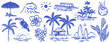© KPstudio - Hand drawn doodle beach and surf vector illustration set. Tropical coastal elements like palm trees, waves, surfboards, and sun perfect for summer designs, t-shirts, posters, and placard prints.