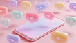 © HavingFunShop - Pastel aesthetic smartphone with floating chat bubbles and tiny hearts, soft glow effect