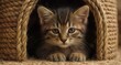 © KarpenArt Studio - adorable tabby kitten peeking from a cozy woven cat cave indoors.