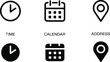© Vector Expert - Essential vector icons for scheduling and navigation, featuring clocks, calendars, and location pins rendered in dual outline and solid black styles on a white background.