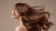 © Nart - A beautiful brunette woman with long, flowing hair in profile. Her silky, healthy hair streams out gracefully, highlighting shine and volume.