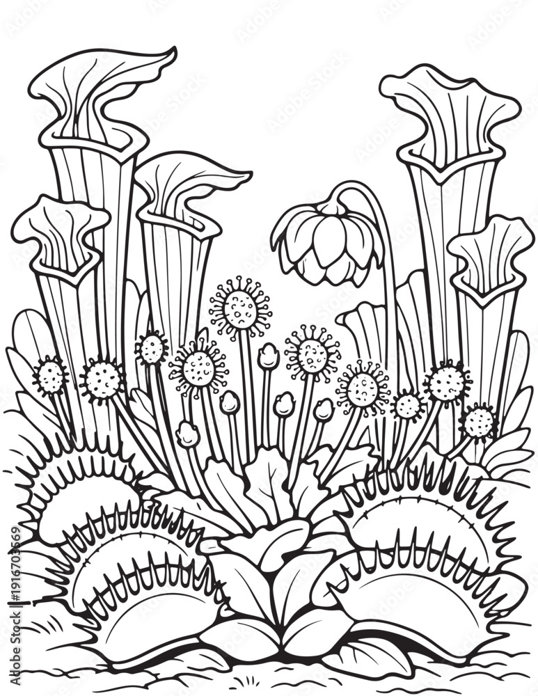 Carnivorous plants coloring page featuring pitcher plants, sundews, and ...