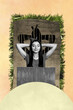 © deagreez - Banner sketch poster image collage of happy sleepy girl lay leaves summer travel adventure rest island tropical arrival