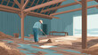 © Cortex - Person sweeping inside a rustic barn with wooden beams and a dirt floor