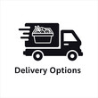 © MohammadGolap - Black delivery truck icon with food basket and motion lines transport logistics