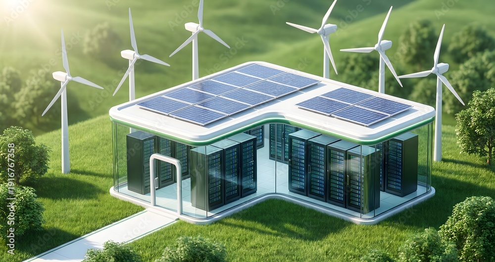 Sustainable Data Center Powered By Solar Panels And Wind Turbines Stock ...