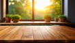 © Dimitar - close up of an empty table where you can display food against a bright window background with the morning sun