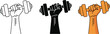 © Maslima - Minimalist fitness illustration set featuring raised fist holding dumbbell in black and white line art silhouette and flat orange color for gym branding