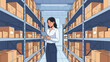 © Azad - Professional female warehouse manager using a digital tablet to check inventory among rows of stacked cardboard boxes.