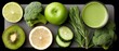 © pvl0707 - Vibrant green smoothie made with fresh vegetables and fruits on dark grey surface with lime, kiwi, cucumber, and broccoli