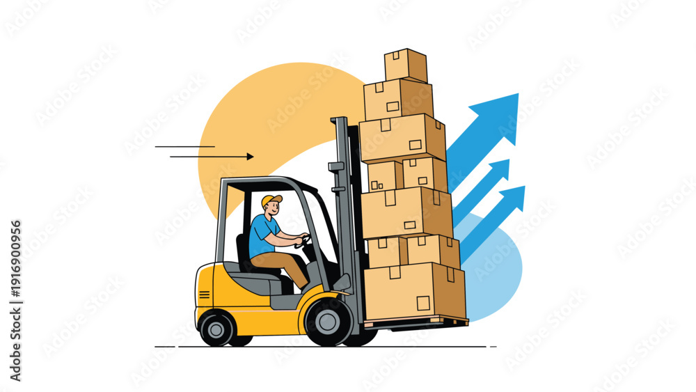 Logistics worker operating a forklift to move a high stack of cardboard ...