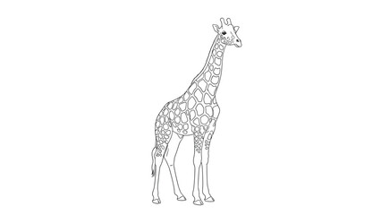  Minimalist line art drawing captures the full body of a giraffe standing alone on a white background, highlighting its unique spot patterns.