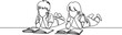 © firoz - Continuous one line drawing two kids boy and girl reading, learning and laying down on the floor. Study at home. Smart students, education concept. one line Icon drawing