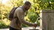© fotogurme - Young adult Black man with backpack refilling reusable bottle at public park drinking fountain, eco friendly hydration and travel routine, sunny spring Earth Day mood