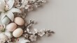© Yevhen - Pastel Easter eggs arranged with white lilies and cherry blossoms on a soft beige background. A serene spring composition for holiday celebrations.