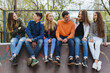 © anatoliycherkas - Group of diverse teenagers sitting together in a skate park, smiling and chatting, enjoying friendship and youth outdoors
