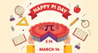 © M Zohaib Graphics - Happy Pi Day celebration vector illustration with hands holding a pie featuring the Pi symbol, surrounded by school supplies and educational elements. The design includes text 'HAPPY PI DAY'