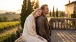 © ArtMajestic - Caucasian woman partner leaning on shoulder of man in leather jacket at sunset in Tuscany. Relationship harmony and emotional connection