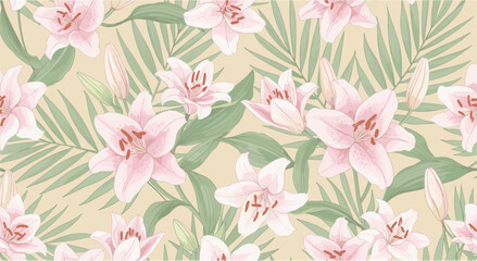 Seamless pattern of pink lilies and green leaves on beige background for floral designs