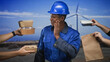 © Krakenimages.com - Man construction worker in blue hardhat touching cheek while multiple hands offer takeout boxes and a paper bag at windfarm; indecision choices.