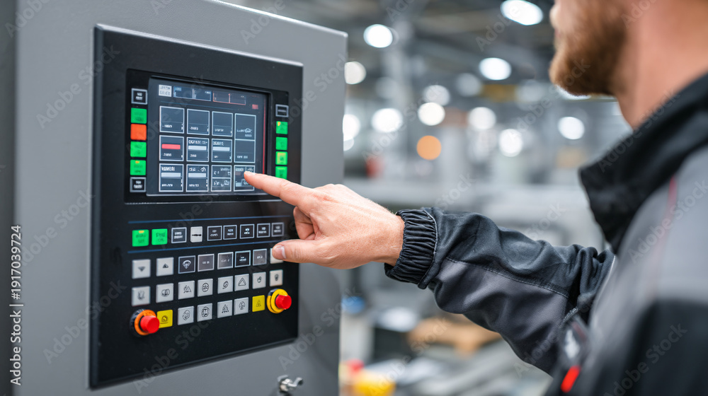 Person operating an industrial control panel with touchscreen interface ...