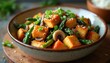 © Maryna - Crispy tofu cubes mixed with asparagus and mushrooms in a savory soy sauce glaze. Garnished with sesame seeds and chopped green onions, this dish is a vibrant and healthy meal option.