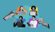 © Prostock-studio - Hands interact with a collection of diverse faces showing various expressions of surprise and focus. This scene represents modern communication in a colorful digital space.