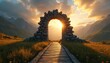 © Maryna - Stone arch portal in mountain landscape opens to golden sunset sun rays. Wooden path leads through grassy meadow with wildflowers toward horizon. Dramatic clouds grace sky above peaks.