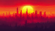 © sommersby - Vibrant Digital Painting of Massive City Skyline Silhouetted Against Fiery Yellow and Red Sunset over Dark Forest Horizon