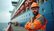 © Maryna - Man in hard hat and safety vest stands arms crossed by large blue cruise ship. Maritime worker poses on shipyard pier, ready for ship repair and maintenance tasks.