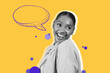 © Prostock-studio - A woman is smiling and looking aside, with a speech bubble near her face. The background features bright colors and round shapes, creating a vibrant look. The style is modern and playful.