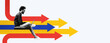© Prostock-studio - A person sits on a surface using a laptop. Bright arrows in red, blue, and yellow point in various directions around them. The scene shows a creative workspace with a modern feel.