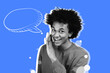 © Prostock-studio - A young person with curly hair is smiling while whispering. There is a speech bubble next to them. The background is solid blue, creating a bright atmosphere for the composition.
