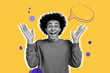 © Prostock-studio - A young person with curly hair shows excitement by raising their hands. The background is bright and colorful, featuring various shapes. This collage captures a fun moment of happiness.