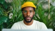 © Nitchalee N. - Corporate team, A man with glasses and a yellow beanie looks intently ahead, surrounded by lush green plants indoors.