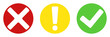© Tomanna - Set of round colorful informative icons featuring a white cross on red circle yellow exclamation mark and green check mark symbols for status message approval warning and error identification in user