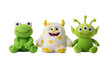 © Caryn - Hyper-detailed plush toy group (frog, furry monster, cyclops alien) sitting closely on a reflective white studio surface with clean copy space. concept for children's product advertising