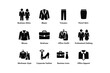 © Cali6ro - Business attire icons: blazer, trousers, skirt, blouse, briefcase, office outfit