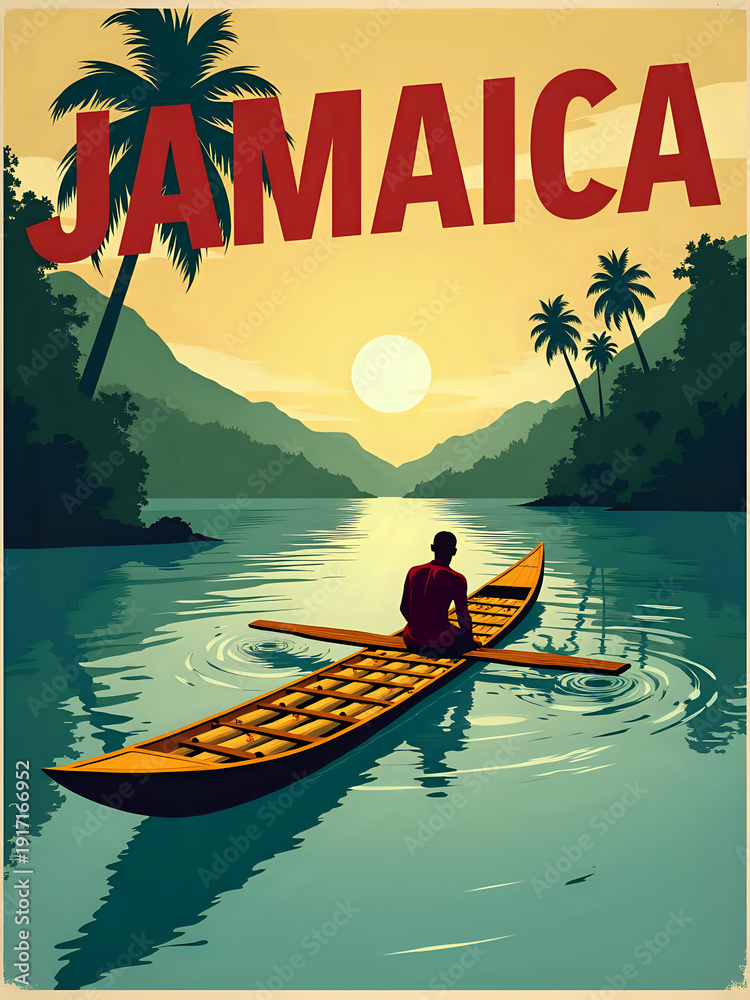 A person is sitting in a wooden kayak on calm water. The sun is setting behind mountains and palm trees. The scene shows a quiet moment in nature.