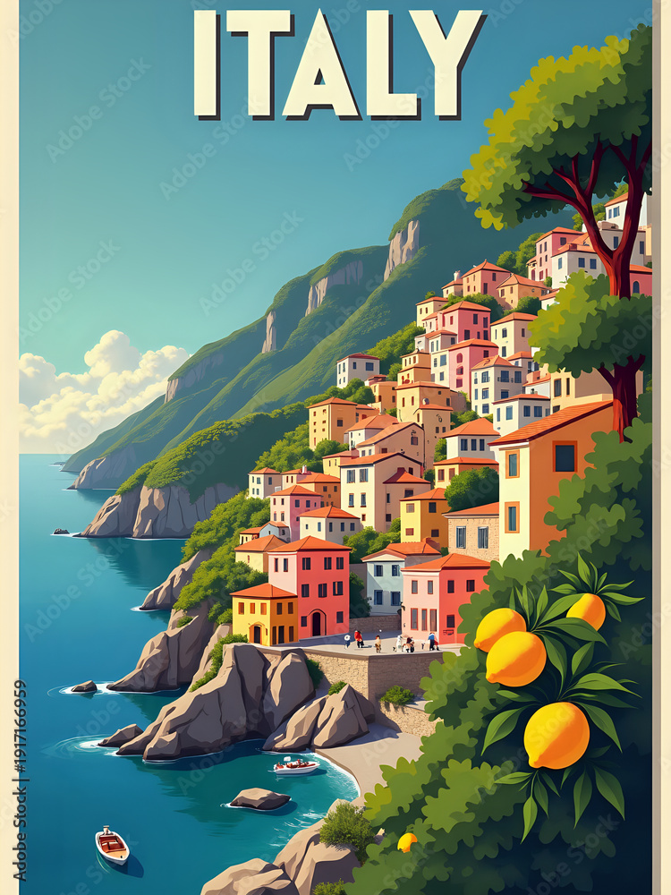 A village by the sea in Italy. Colorful buildings sit on a slope by the water. Boats are visible in the water. Green trees and yellow fruits are in the foreground.