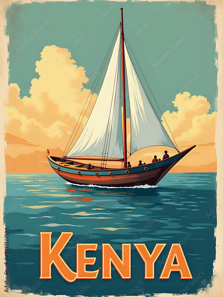 A traditional boat sails on the calm waters of Kenya during sunset. People gather on the boat, enjoying the view of the sunset and the sky with soft clouds.
