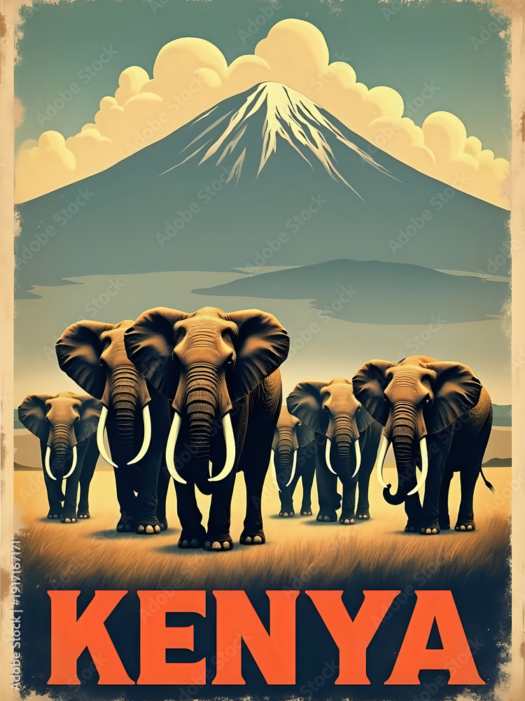 A group of elephants walks across the grassland in Kenya. A large mountain rises in the background. The scene takes place during the day under a clear sky. The elephants move together.