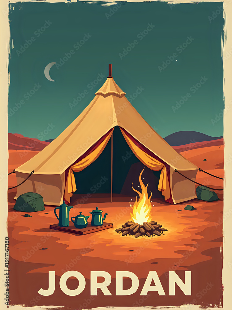 A tent stands in the desert of Jordan, with rocks around it. There is a campfire in front, and tea kettles are nearby. The sky shows the moon and stars.