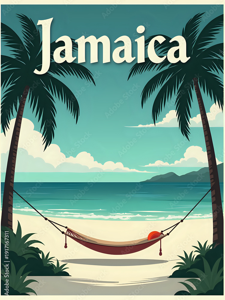 A hammock hangs between two palm trees on a sandy beach in Jamaica. The sea is calm, and mountains can be seen in the distance. The sun sets, creating a warm glow on the horizon.