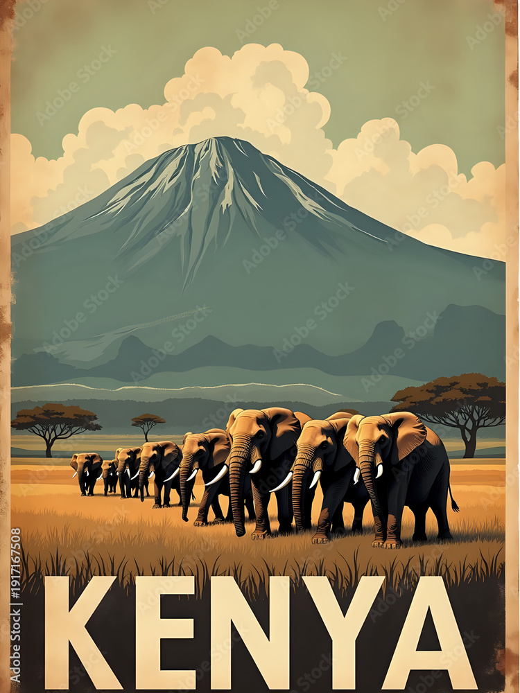 A group of elephants walks in a line across a savanna landscape. Behind them is a mountain with clouds above. It is daytime and the scene shows natural surroundings in Kenya.