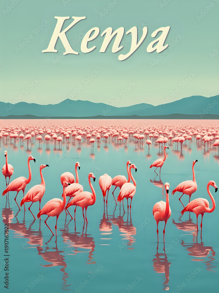 Flamingos stand in shallow water of a lake in Kenya. The sun is setting, and mountains are visible in the background. The sky has shades of blue and pink.